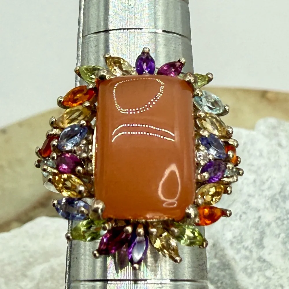 NWT Peach Moonstone & Multi-Gemstone Cocktail Ring 9.85 ctw Platinum Over 925 SS